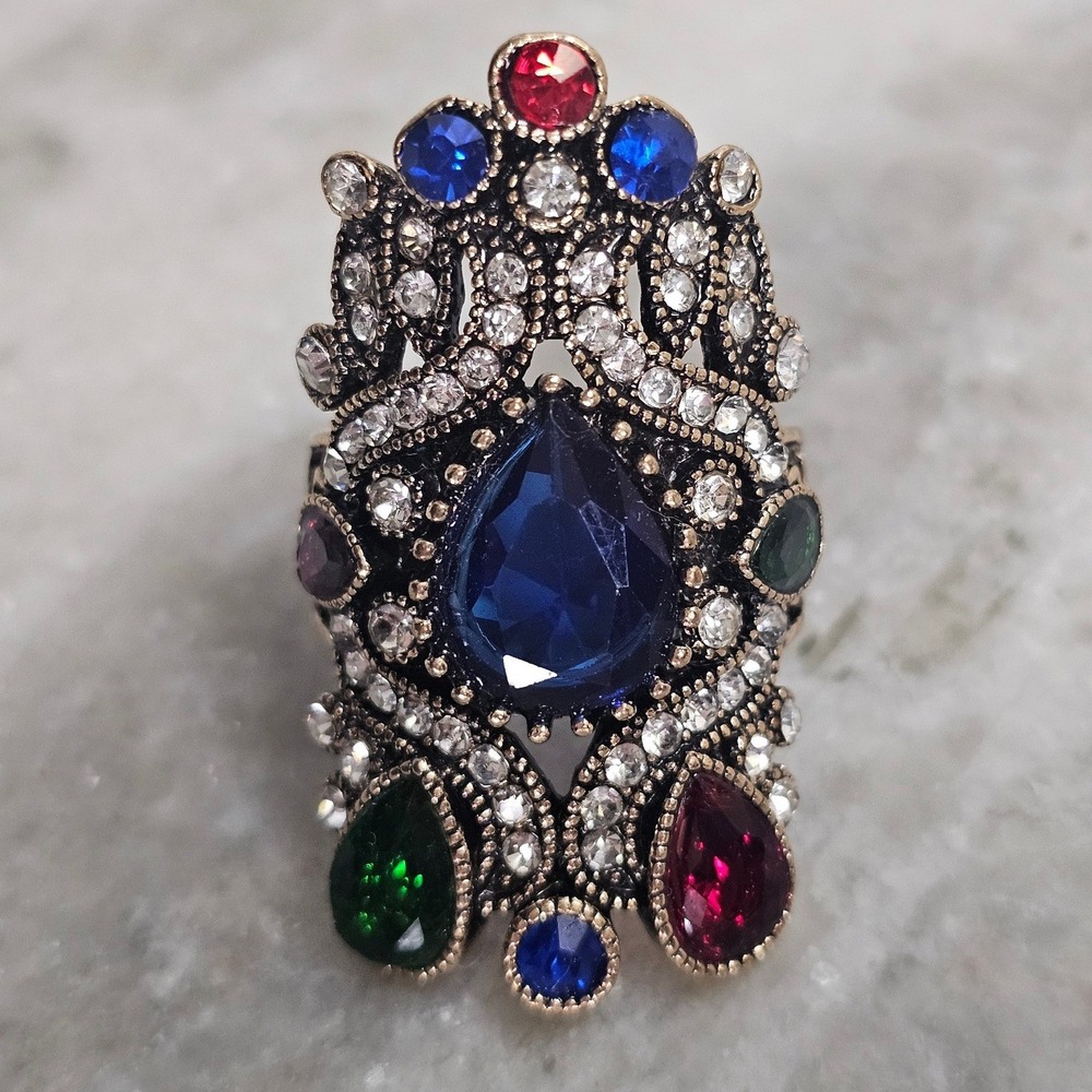 Statement Turkish Ring Womens Size 9.75 Gold Tone Multi Stone Cocktail Ring